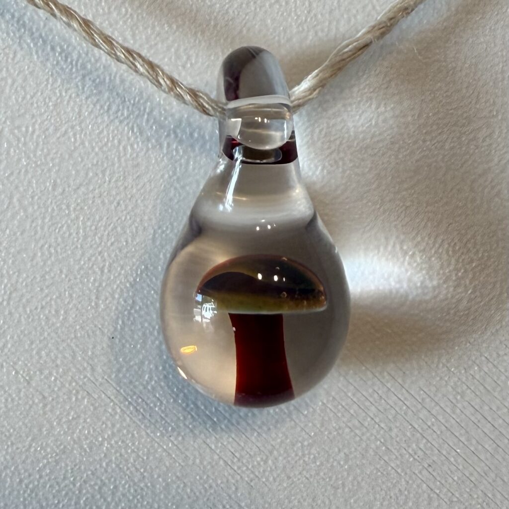 green and red glass mushroom pendant