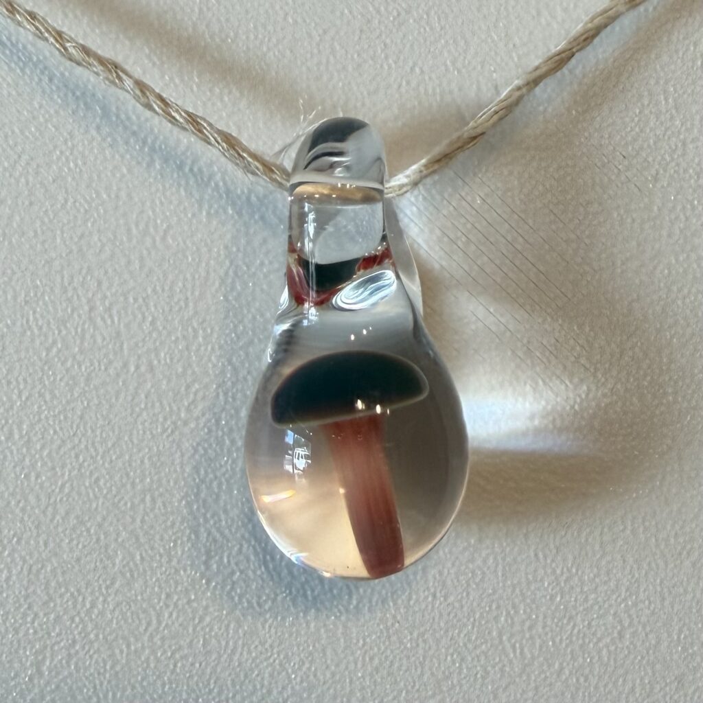 glass mushroom pendant in green and pink